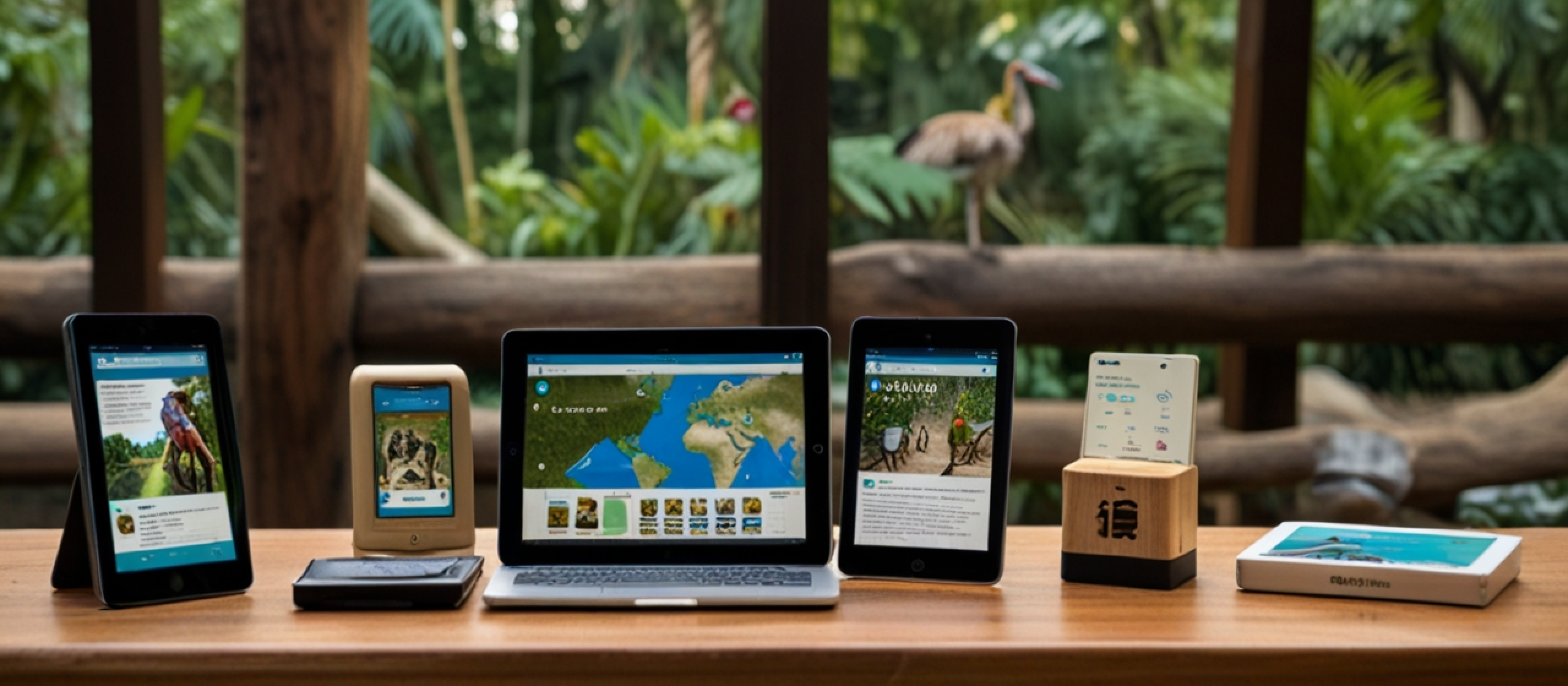 Default On a wooden table there are three devices arranged nea 0 1