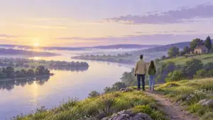 Illustration of an adult and a young person overlooking a misty river valley at sunrise