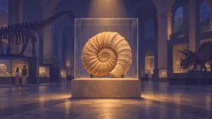 Illustration of an ammonite fossil lit by a spotlight in a dim museum hall
