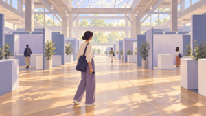 Illustration of a conference attendee at a crossroads of aisles in an exhibition hall