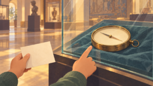 Illustration of a child holding a clue card and pointing at a compass in a museum case