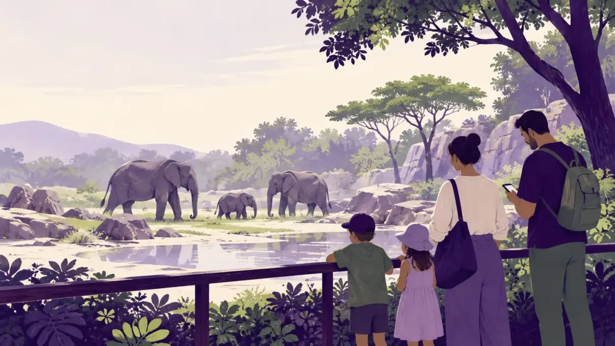Illustration of a family at a zoo watching elephants while a parent checks a phone
