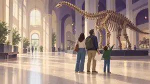 Illustration of a family before a huge dinosaur skeleton in a museum hall, parent holding a paper map