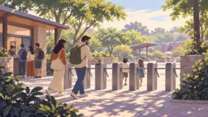 Illustration of a family entering a zoo through turnstiles, a parent scanning a phone ticket