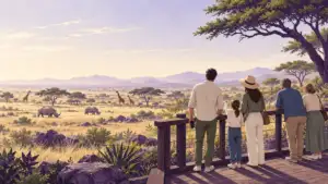 Illustration of a family on a zoo viewing deck watching rhinos and giraffes on a savanna