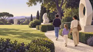 Illustration of a family walking a gravel path through a sculpture garden, one visitor wearing headphones
