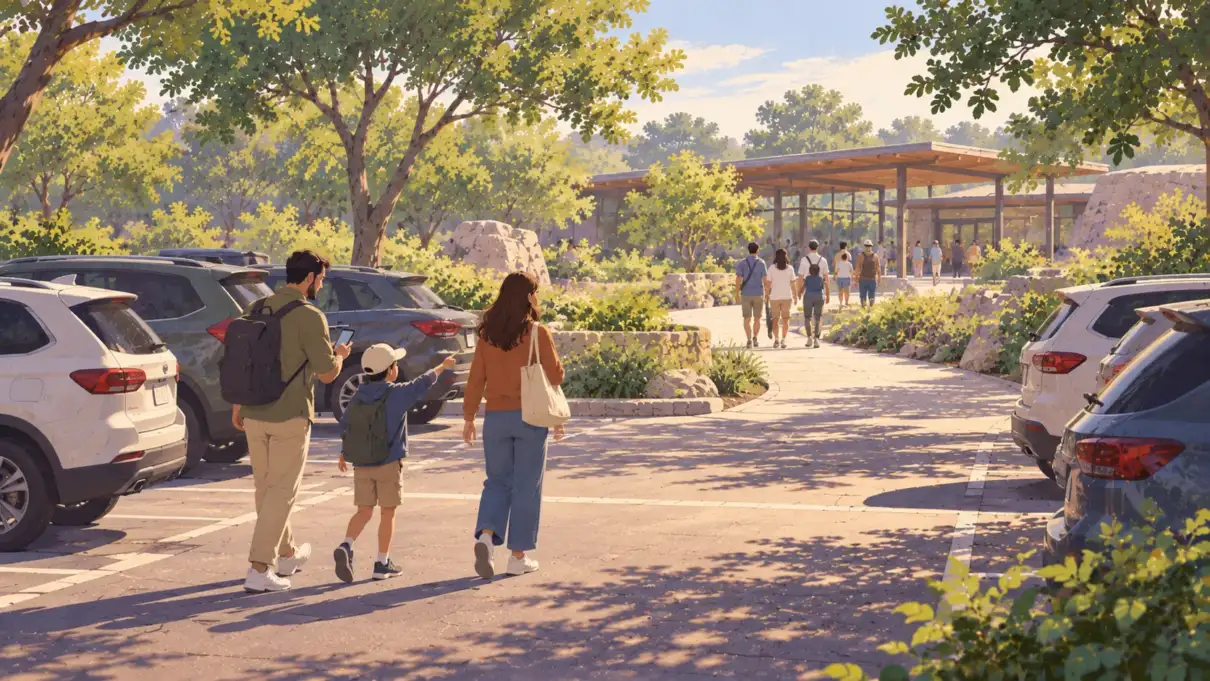Illustration: a family walking from a tree-lined car park toward an attraction entrance, a parent checking a phone