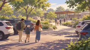 Illustration of a family walking from a tree-lined car park toward an attraction entrance, a parent checking a phone