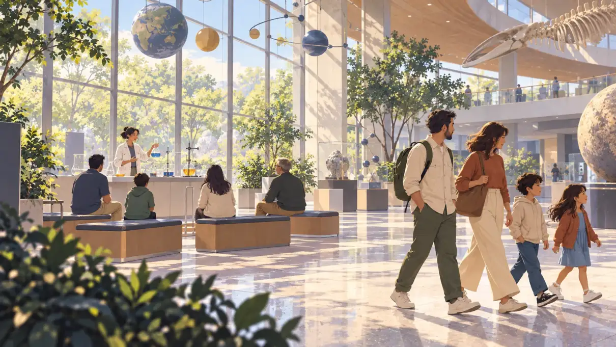 Illustration of a family walking past a live science demonstration with empty seats in a science centre