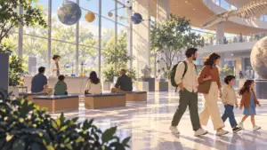Illustration of a family walking past a live science demonstration with empty seats in a science centre