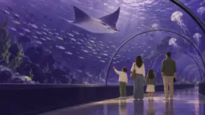 Illustration of a family walking through an aquarium glass tunnel beneath a ray and jellyfish