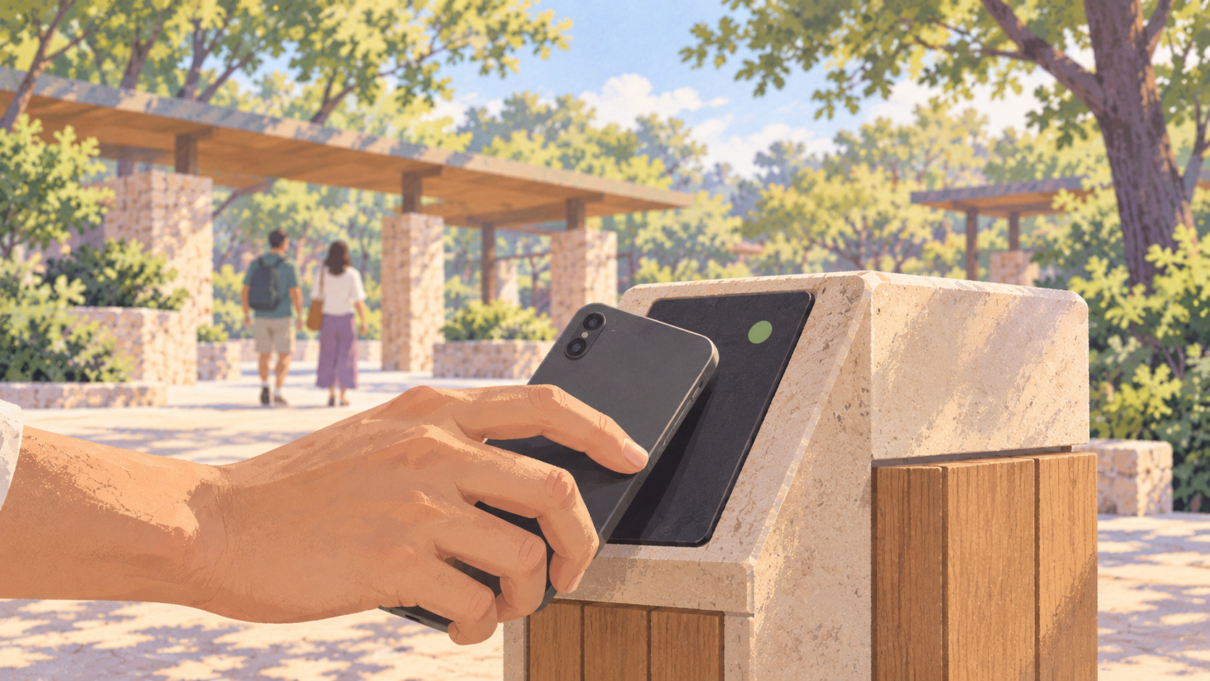 Illustration of a hand tapping a phone on a zoo entrance scanner