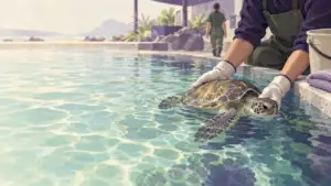 Illustration of a keeper's gloved hands supporting a rescued sea turtle in a rehabilitation pool