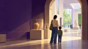 Illustration of a parent and child at a museum archway between old objects and a bright hall
