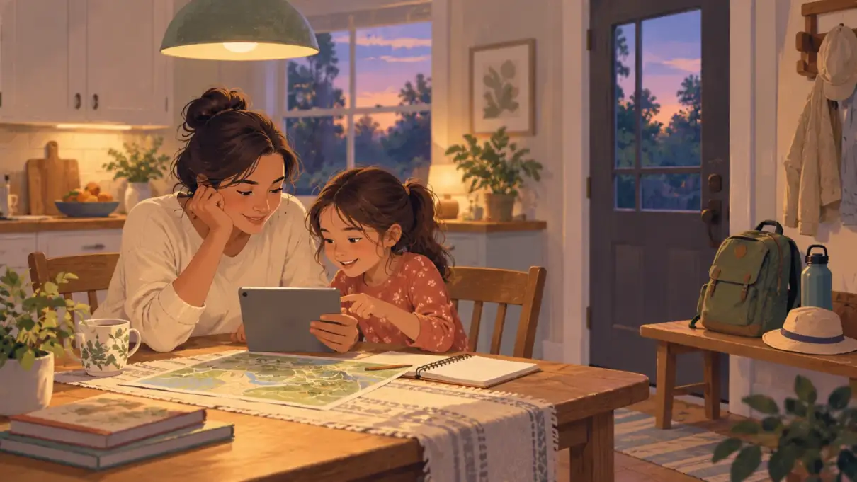 Illustration of a parent and child planning a zoo visit on a tablet at the kitchen table the evening before