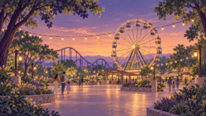 Illustration of a theme park at dusk with a lit Ferris wheel and roller coaster