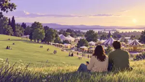 Illustration of two visitors on a grassy hill overlooking a fairground with tents and a carousel