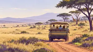 Illustration of visitors in an open safari truck on a track through grassland with giraffes