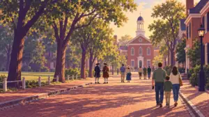 Illustration of visitors strolling a tree-lined brick street toward a colonial hall at golden hour
