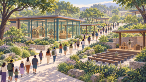 Illustration of visitors walking past a quiet exhibit pavilion and a nearly empty stage