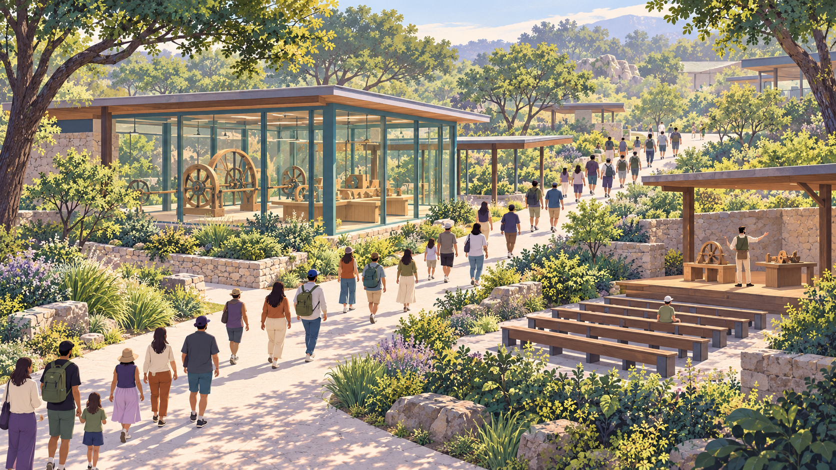Illustration of visitors walking past a quiet exhibit pavilion and a nearly empty stage
