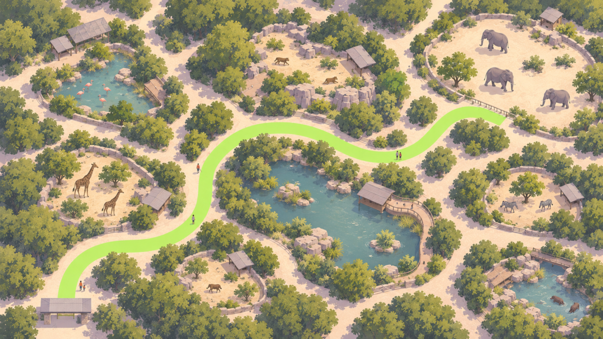 Illustration of a zoo seen from above with one highlighted path to the elephants