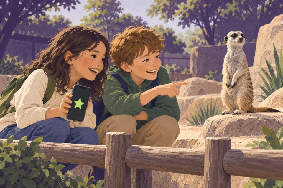 Illustration of two children on a treasure hunt, pointing at a meerkat