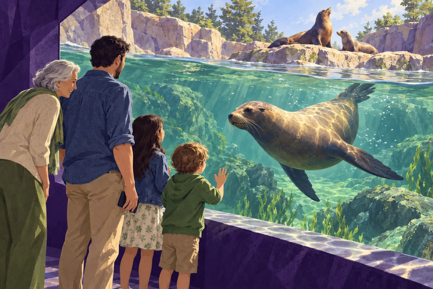Illustration of a family, grandmother included, watching a sea lion swim past an underwater viewing window