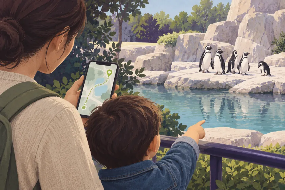 Illustration of a parent following a phone map while a child points at the penguins