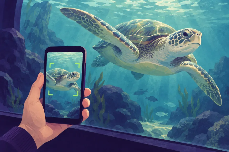 Illustration of a phone camera recognising a sea turtle through an aquarium window