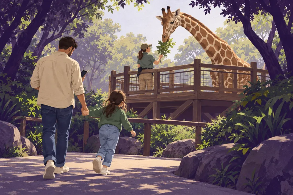 Illustration of a parent and child walking toward a keeper feeding a giraffe